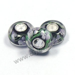 Bead,big-hole beads ,clear and black,lampworked glass with silver-finished brass,14x8m rondelle with flower design ,mini order 10pcs
