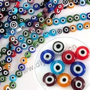 Bead mix, lampworked glass, multicolored, 8mm double-sided puffed round with wards off the evil eye design. Sold per(8) 15-inch strand.