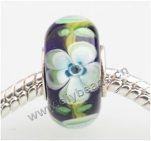 Bead, big-hole beads,	Lampworked glass and silver-plated brass grommet,black with flower, 14x7mm rondelle with 4.5 mm hole,sold per pkg of 50ps