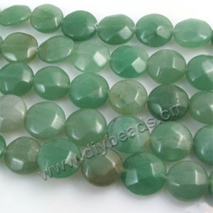 Bead, green aventurine (natural), 14mm faceted puffed round. Sold per pkg of five 16-inch strand