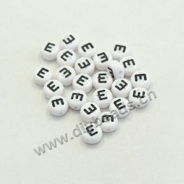 Bead mix, acrylic, white with black alphabet E, 7x4mm double-sided flat round with 1.2mm drill hole. Sold per pkg of 100ps