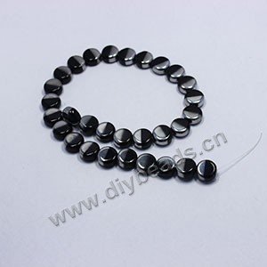 Bead ,silver-plated glass, black, 10mm flat round. Sold per pkg of ten 32cm strand.