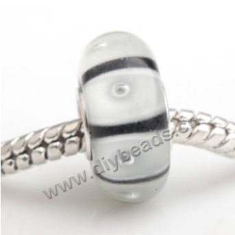Bead, big-hole beads,Lampworked glass and 925 sterling silver grommet,white with stripe,14x7mm rondelle with 4.5 mm hole,sold per pkg of 50ps