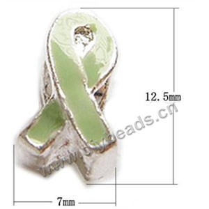 Bead, big-hole beads,silver-plated pewter and enameled , olive, 12x7mm,double-sided awareness ribbon, 4mm hole. Sold per pkg of 20ps
