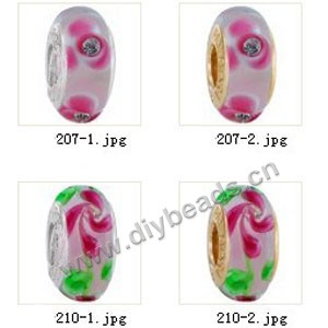 Bead,big-hole beads ,lampworked glass with silver-finished brass grommets,mixed colors and designs,6x12mm-8x14mm rondelle ,4mm spiral hole,sold per pkg of 10ps