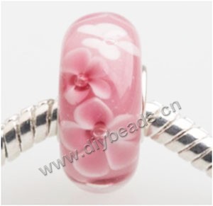 Bead, big-hole beads,Lampworked glass and 925 sterling silver grommet,Pink with flower, 14x7mm rondelle with 4.5 mm hole,sold per pkg of 50ps