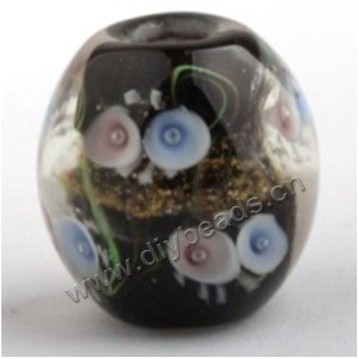 Bead, lampworked glass,black with flower, 20x20mm round.mini order 50pc 