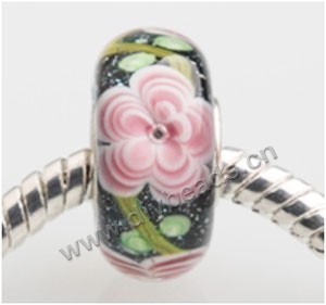 Bead, big-hole beads,Lampworked glass and silver-plated brass grommet, green with flower, 14x7mm rondelle with 4.5 mm hole,sold per pkg of 50ps