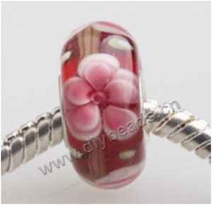 Bead, big-hole beads,Lampworked glass and silver-plated brass grommet,red with flower, 14x7mm rondelle with 4.5 mm hole,sold per pkg of 50ps