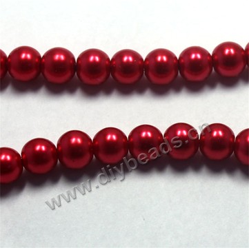 Bead, glass pearl, red, 10mm round. Sold per pkg of 32-inch strands.