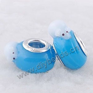 Bead, big-hole beads,lampworked glass and brass grommet,turquoise blue/white, 9x14mm rondelle with mouse, 4.5mm hole. Sold per pkg of 10
