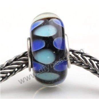 Bead, big-hole beads,Lampworked glass and silver-plated brass grommet,black with flower,14x7mm rondelle with 4.5 mm hole,sold per pkg of 50ps