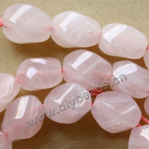 Bead, rose quartz (natural), 11x8mm faceted twisted oval. Sold per 15-inch strand