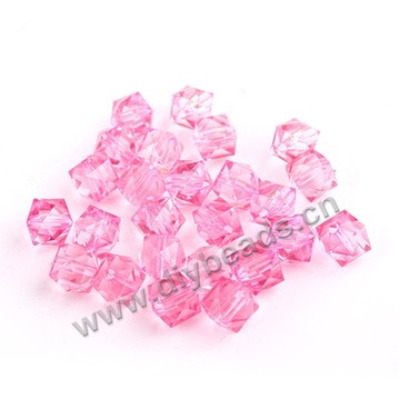 Bead, acrylic, pink, transparent, 8mm faceted cube. Sold per 100-gram pkg.