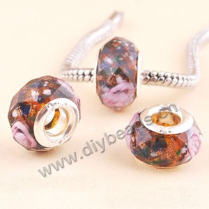 Bead,big-hole beads ,lampworked glass with silver-finished brass ,brown/pink,9x14mm faceted rondelle with flower,4.5mm hole,sold per pkg of 10ps