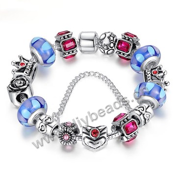Bracelet,alloy and lampwork glass,red and blue ,large hole beads,Sold per package of 1 piece