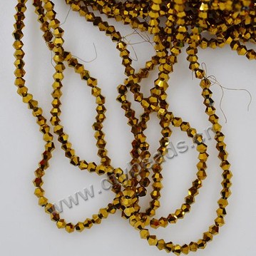 Bead, glass,gold plated,3mm bicone,sold per pkg of 10strands.