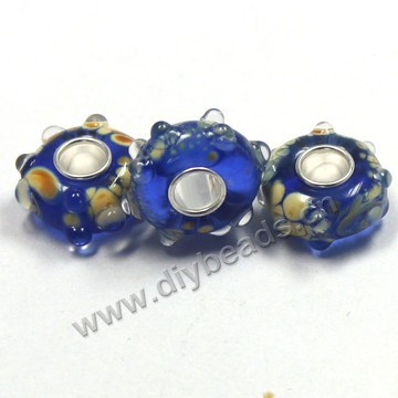 Bead,big-hole beads ,blue,lampworked glass with silver-finished brass,14x8m rondelle bump flower,mini order 50pcs