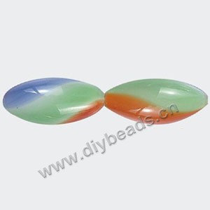 Bead, hand-blown glass, blue/green/orange, 25x12mm hollow oval. Sold per pkg of 10