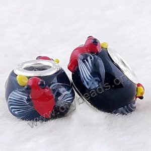 Bead, big-hole beads,lampworked glass and brass grommet,black/red, 10x14mm rondelle with bee, 4.5mm hole. Sold per pkg of 10