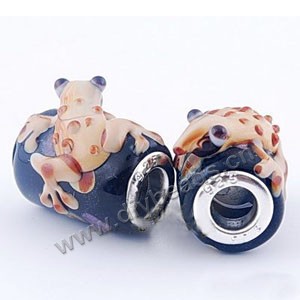Bead, big-hole beads,lampworked glass and brass grommet, dark blue/ brown, 14x13mm tube with frog and speckles, 4.5mm hole. Sold per pkg of 10