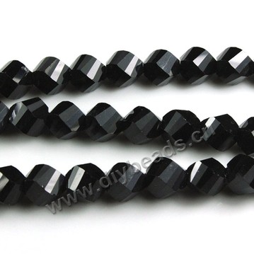 Bead, glass, black, 8mm faceted twist round, sold per pkg 5 strands-72pcs/strand.