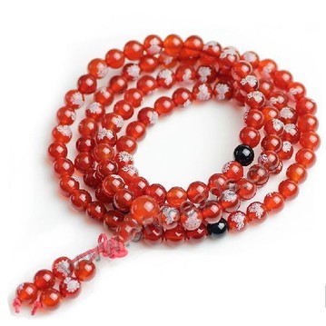 Bracelet,3-strand,red agate , 6mm round Lotus and fo,printed,buddhist prayer beads . 