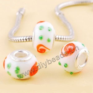 Bead,big-hole beads ,lampworked glass with silver-finished brass ,opaque white/red/green,10x14mm rondelle with bumpy dots and 4.5mm hole,sold per pkg of 10ps