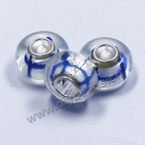 Bead,big-hole beads ,clear and blue,lampworked glass with silver-finished brass,14x8m rondelle ,mini order 100pcs
