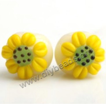 Bead,lampworked glass,yellow, 12*14mm round with sunflower. Sold per pkg of 5.