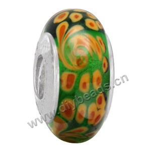 Bead,big-hole beads ,lampworked glass with silver-finished brass grommets,green/yellow/red,6x12mm-8x14mm rondelle with dots,4mm spiral hole,sold per pkg of 10ps