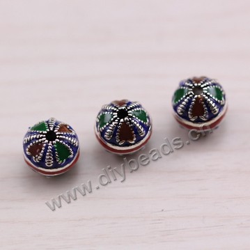 Enamel Bead, 925 Thai silver, round, 9mm, 2mm hole, multicolored, Sold per pkg of 1 bag-5 pieces.