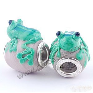 Bead, big-hole beads,lampworked glass and  brass grommet, white/green, 13x14mm tube with frog , 4.5mm hole. Sold per pkg of 10