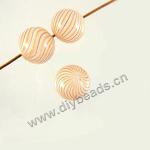 Bead, hand-blown glass, light yellow with brown/yellow line, 13mm hollow round. Sold per pkg of 10