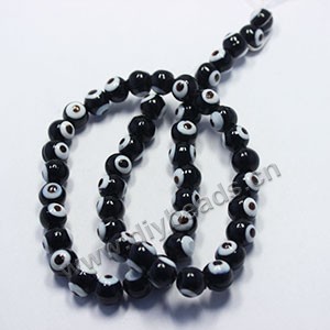 Bead , lampworked glass, opaque black, 10mm double-sided round with wards off the evil eye design. Sold per pkg of (4) 15-inch strand.