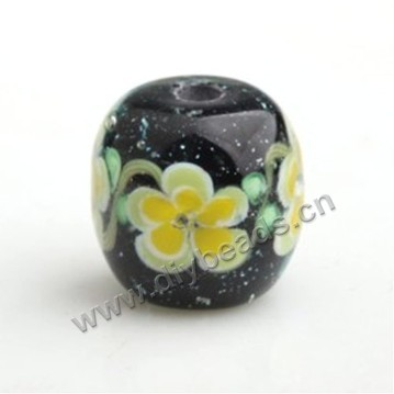 Bead,Japan lampworked glass,black with flower, 14x14mm round.mini order 100pc 