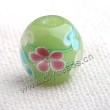 Bead,Japan lampworked glass,green with flower, 16x16mm round.mini order 100pc 