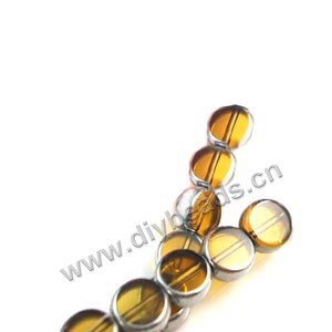 Bead ,silver-plated glass, amber, 8mm flat round. Sold per pkg of ten 33cm strand.