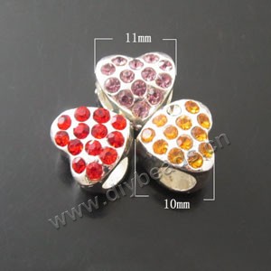 Bead, big-hole beads,pewter ,mixed colors, 10x11.5mm heart with rhinestone, 5mm hole. Sold per pkg of 10ps