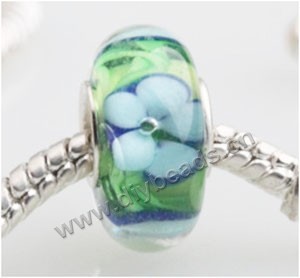 Bead, big-hole beads,Lampworked glass and 925 sterling silver grommet,green with flower, 14x7mm rondelle with 4.5 mm hole,sold per pkg of 50ps