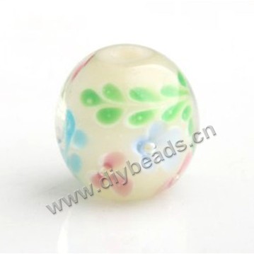 Bead,Japan lampworked glass,white with flower, 14x14mm round.mini order 100pc 