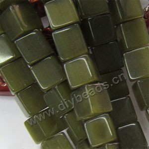 Bead, cat's eye glass, olive,8x8mm cube. Sold per 15-inch strands.