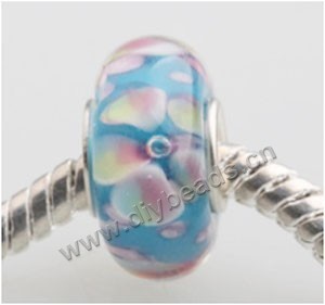 Bead, big-hole beads,Lampworked glass and 925 sterling silver grommet,blue with flower, 14x7mm rondelle with 4.5 mm hole,sold per pkg of 50ps
