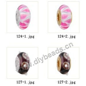 Bead,big-hole beads ,lampworked glass with silver-finished brass grommets,mixed colors and designs,6x12mm-8x14mm rondelle ,4mm spiral hole,sold per pkg of 4ps