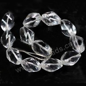 Bead,clear quartz crystal (natural), 10x13mm twisted oval. Sold per 16-inch strand