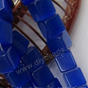 Bead, cat's eye glass, blue,8x8mm cube. Sold per 15-inch strand.