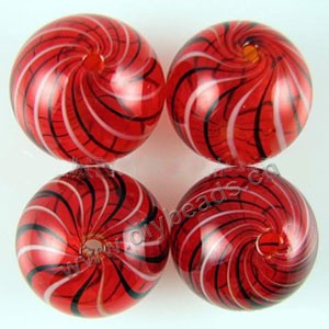 Bead, hand-blown glass, red/black/white, 25mm hollow round. Sold per pkg of 10