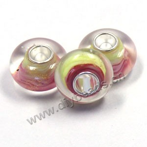Bead,big-hole beads ,clear with pink,lampworked glass with silver-finished brass,14x8m rondelle ,mini order 100pcs