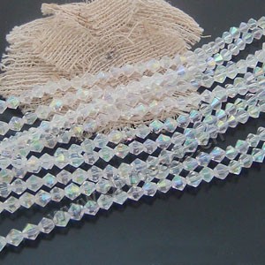bead,glass,clearAB ,6mm hand-faceted bicone,approximately 50ps/strand