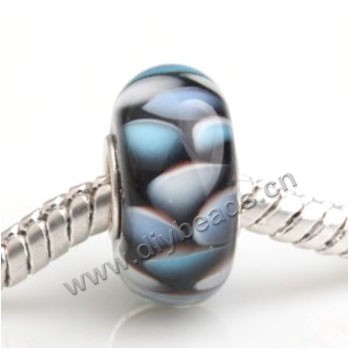 Bead, big-hole beads,Lampworked glass and 925 sterling silver grommet,black with flower, 14x7mm rondelle with 4.5 mm hole,sold per pkg of 50ps